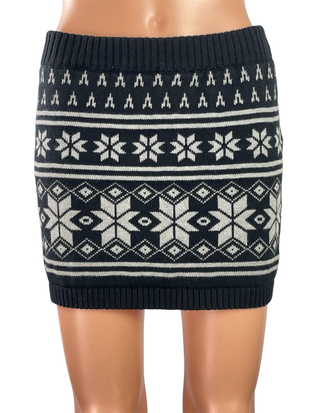 Cherokee Women Black Fair Isle Knit Rib Trim High Waist Pencil Mini Skirt Size L